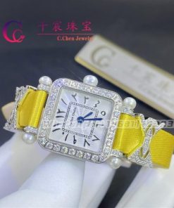 Charles Oudin Pansy Retro 20mm Yellow Silk Straps Diamond Watch With Pearls Elements Arabic Style