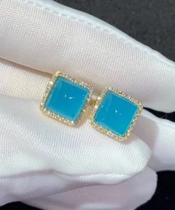 Marli Cleo Diamond Stud Pyramid Earrings In Yellow Gold Sea Blue Chalcedony CLEO-E3