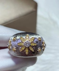 Buccellati Art Deco Cabochon Ring with Diamonds 18k Florentine Finish