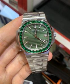 Patek Philippe Nautilus Sunburst Olive Green Dial Set with Emeralds 5711