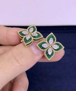 Roberto Coin Princess Flower Earrings in 18k Gold with Malachite and Diamonds