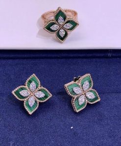 Roberto Coin Princess Flower Earrings in Rose Gold with Malachite and Diamonds ADV888EA1837_01