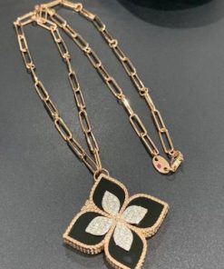 Roberto Coin Rose Gold Diamond Black Jade Princess Flower Locket Necklace ?C 35mm