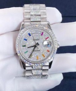 Rolex Day-Date 36 128349RBR President 18K White Gold Pave Rainbow Baguette Diamond Dial