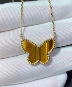 Van Cleef Arpels Lucky Alhambra Butterfly Pendant Yellow Gold, Tiger??s Eye VCARD98500