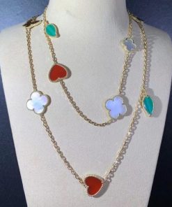 Van Cleef Arpels Lucky Alhambra long necklace 12 motifs Carnelian Malachite Mother-of-pearl Tiger Eye VCARD80100