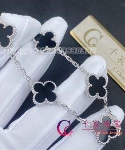 Van Cleef & Arpels Vintage Alhambra 18k White Gold Onyx 5 Motif Bracelet