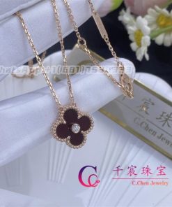 Van Cleef & Arpels Vintage Alhambra 2011 Holiday Diamond Pendant Pink Gold Carnelian