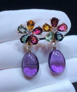 Bulgari Multicolored Sapphire Diamond And Cabochon Amethyst Flower Pendant-Earrings